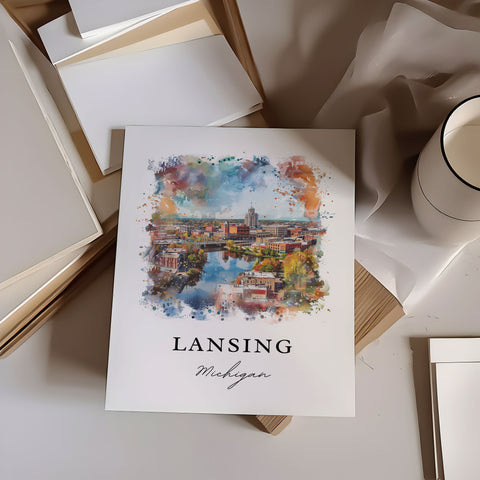 Lansing MI Wall Art, Lansing Print, Lansing Watercolor Art, Lansing Michigan Gift, Travel Print, Travel Poster, Housewarming Gift