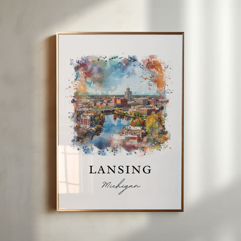 Lansing MI Wall Art, Lansing Print, Lansing Watercolor Art, Lansing Michigan Gift, Travel Print, Travel Poster, Housewarming Gift