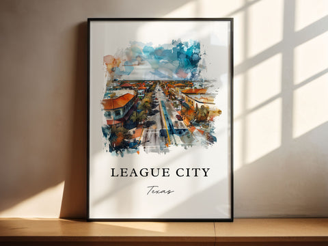 League City TX Wall Art, League City Print, Galveston Watercolor Art, Galveston County Gift, Travel Print, Travel Poster, Housewarming Gift