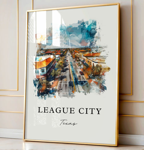 League City TX Wall Art, League City Print, Galveston Watercolor Art, Galveston County Gift, Travel Print, Travel Poster, Housewarming Gift