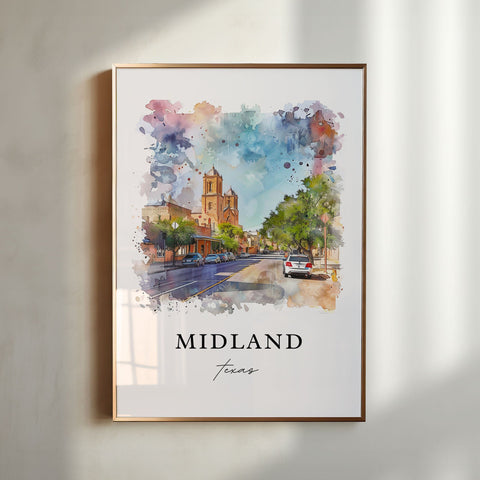 Midland TX Wall Art, Midland Print, Midland Watercolor Art, Midland Texas Gift, Travel Print, Travel Poster, Housewarming Gift