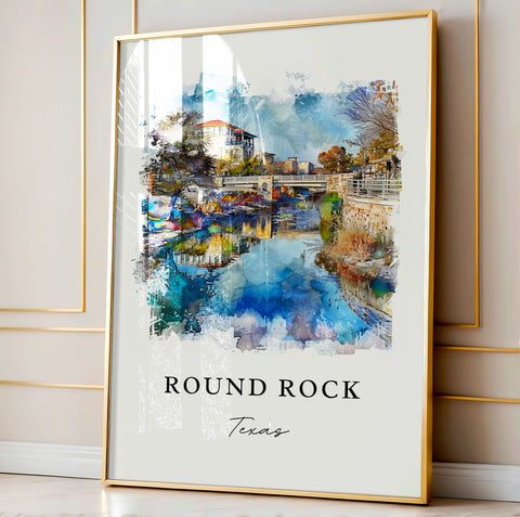 Round Rock TX Wall Art, Round Rock Print, Austin TX Watercolor Art, Round Rock Texas Gift, Travel Print, Travel Poster, Housewarming Gift