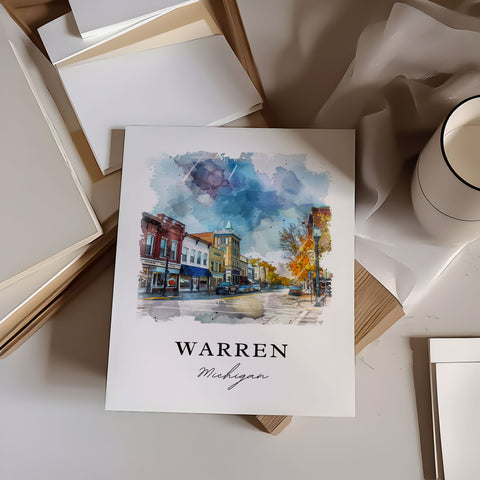 Warren Michigan Art, Warren Print, Warren MI Watercolor Art, Macomb County MI Gift, Travel Print, Travel Poster, Housewarming Gift