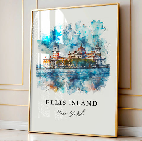 Ellis Island NY Art, Ellis Island Print, Statue of Liberty Watercolor Art, Ellis Island Gift, Travel Print, Travel Poster, Housewarming Gift