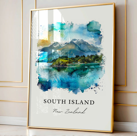 South Island NZ Wall Art, South Island Print, New Zealand Watercolor Art, South Island Gift, Travel Print, Travel Poster, Housewarming Gift