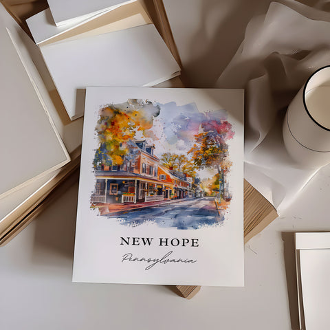 New Hope PA Wall Art, New Hope Print, New Hope PA Watercolor Art, Bucks County PA Gift, Travel Print, Travel Poster, Housewarming Gift