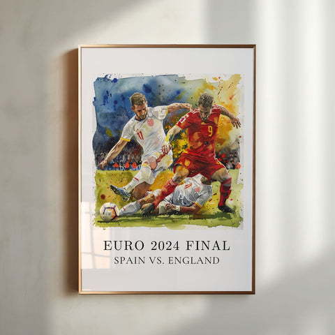 A watercolor painting of Spanish and English soccer players fighting for the ball in the Euro 2024 Final