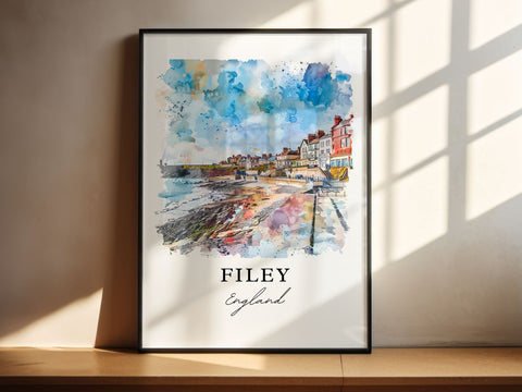 Filey England Wall Art, Filey UK Print, North Yorkshire Watercolor Art, Filey England Gift, Travel Print, Travel Poster, Housewarming Gift