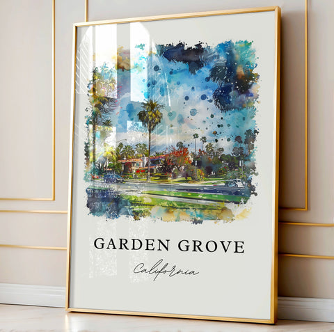 Garden Grove CA Art, Garden Grove Print, Orange County Watercolor Art, Orange Grove Gift, Travel Print, Travel Poster, Housewarming Gift