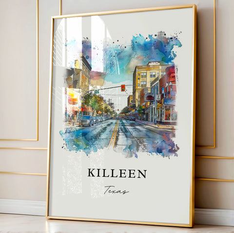 Killeen TX Wall Art, Killeen Texas Print, Killeen Watercolor Art, Bell County TX Gift, Travel Print, Travel Poster, Housewarming Gift