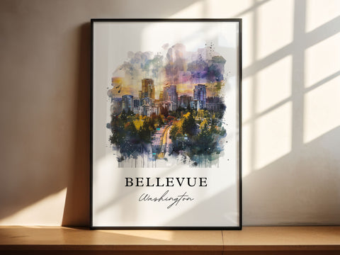 Bellevue WA Wall Art, Bellevue Print, Lake Washington Watercolor Art, Bellevue WA Gift, Travel Print, Travel Poster, Housewarming Gift