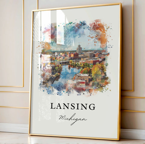 Lansing MI Wall Art, Lansing Print, Lansing Watercolor Art, Lansing Michigan Gift, Travel Print, Travel Poster, Housewarming Gift