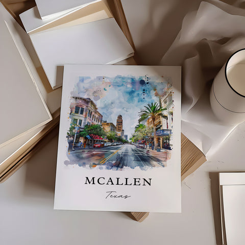 McAllen Texas Wall Art, McAllen Print, McAllen Watercolor Art, McAllen TX Gift, Travel Print, Travel Poster, Housewarming Gift