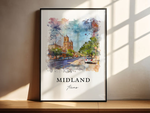 Midland TX Wall Art, Midland Print, Midland Watercolor Art, Midland Texas Gift, Travel Print, Travel Poster, Housewarming Gift