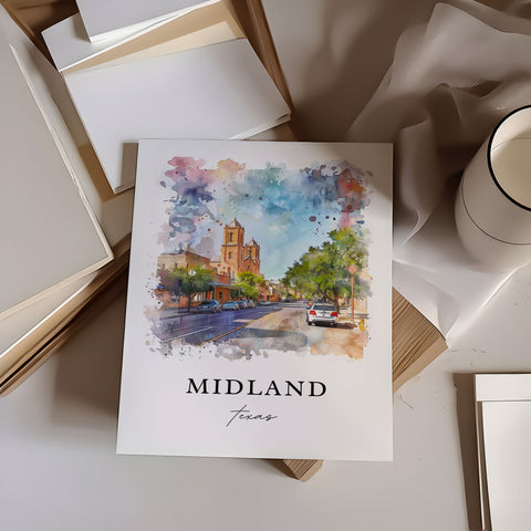 Midland TX Wall Art, Midland Print, Midland Watercolor Art, Midland Texas Gift, Travel Print, Travel Poster, Housewarming Gift