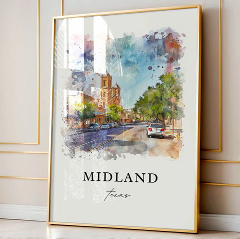 Midland TX Wall Art, Midland Print, Midland Watercolor Art, Midland Texas Gift, Travel Print, Travel Poster, Housewarming Gift