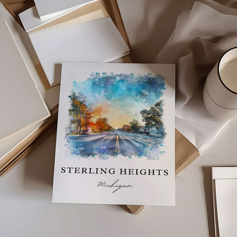 Sterling Heights Art, Sterling Heights MI Print, Sterling Heights Watercolor, Detroit Gift, Travel Print, Travel Poster, Housewarming Gift