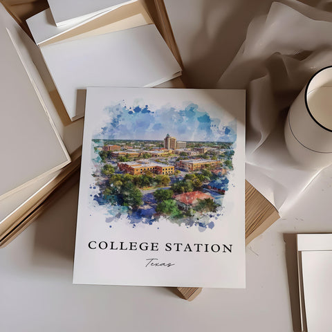 College Station TX Art, College Station Print, College Station Watercolor, Texas A&M Gift, Travel Print, Travel Poster, Housewarming Gift