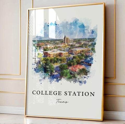 College Station TX Art, College Station Print, College Station Watercolor, Texas A&M Gift, Travel Print, Travel Poster, Housewarming Gift