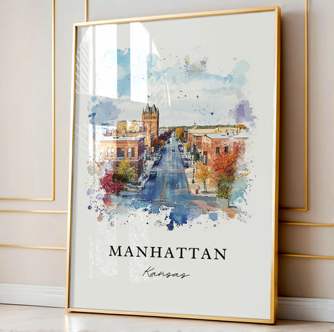 Manhattan KS Wall Art, Manhattan Kansas Print, Univ of Kansas Watercolor Art, Manhattan Kansas Gift, Travel Poster, Housewarming Gift