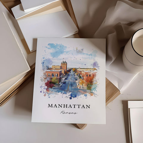 Manhattan KS Wall Art, Manhattan Kansas Print, Univ of Kansas Watercolor Art, Manhattan Kansas Gift, Travel Poster, Housewarming Gift