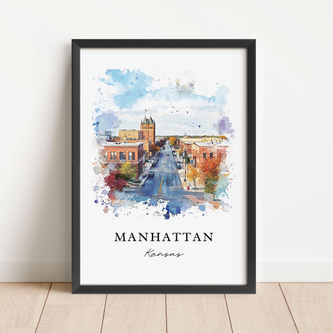 Manhattan KS Wall Art, Manhattan Kansas Print, Univ of Kansas Watercolor Art, Manhattan Kansas Gift, Travel Poster, Housewarming Gift