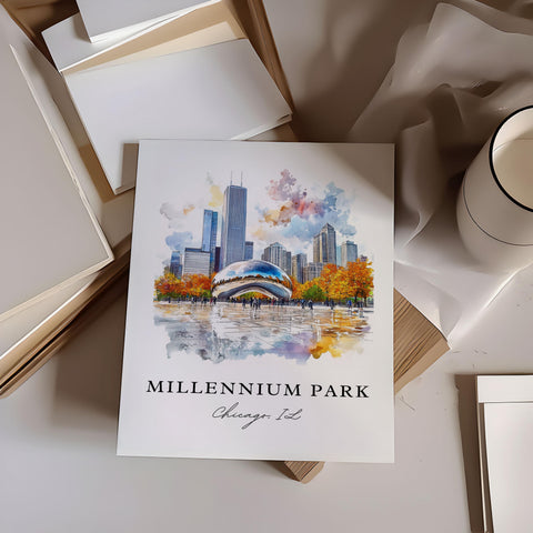 Millennium Park Art, Millennium Park Print, Chicago IL Watercolor Art, Millennium Park Gift, Travel Print, Travel Poster, Housewarming Gift