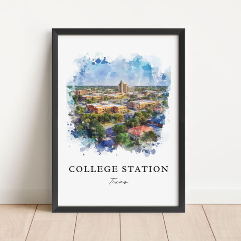 College Station TX Art, College Station Print, College Station Watercolor, Texas A&M Gift, Travel Print, Travel Poster, Housewarming Gift