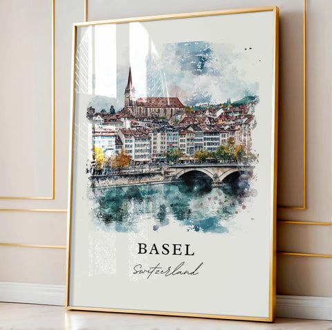 Basel Switzerland Wall Art, Basel Print, Rhine River Watercolor Art, Basel Switzerland Gift, Travel Print, Travel Poster, Housewarming Gift