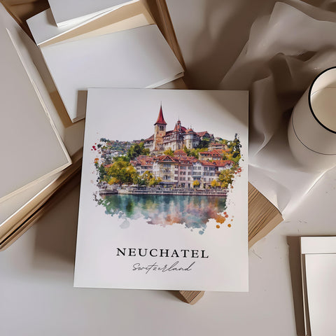 Neuchatel Wall Art, Neuchatel Print, Neuchatel Switzerland Watercolor, Neuchatel Gift, Travel Print, Travel Poster, Housewarming Gift