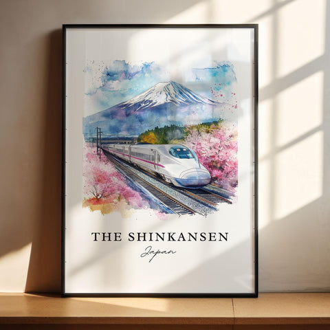 Shinkansen Japan Art, Shinkansen Print, Mount Fuji Watercolor Art, Bullet Train Japan Gift, Travel Print, Travel Poster, Housewarming Gift