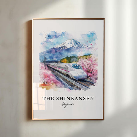 Shinkansen Japan Art, Shinkansen Print, Mount Fuji Watercolor Art, Bullet Train Japan Gift, Travel Print, Travel Poster, Housewarming Gift