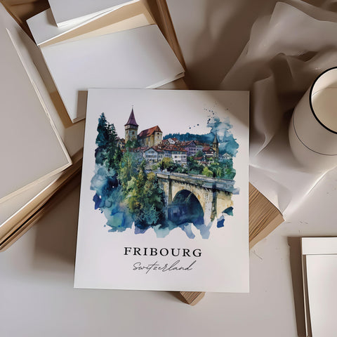 Fribourg Wall Art, Fribourg Switzerland Print, Fribourg Watercolor Art, La Sarine Gift, Travel Print, Travel Poster, Housewarming Gift