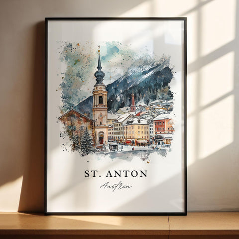 St. Anton Wall Art, St. Anton am Arlberg Print, Austria Watercolor, Austria Ski Gift, Tyrolean Alps Print, Travel Poster, Housewarming Gift