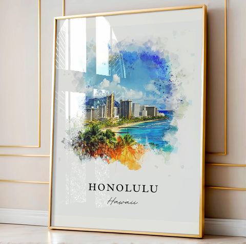 Honolulu Wall Art, Honolulu Skyline Print, Honolulu HI Watercolor Art, Honolulu Hawaii Gift, Travel Print, Travel Poster, Housewarming Gift