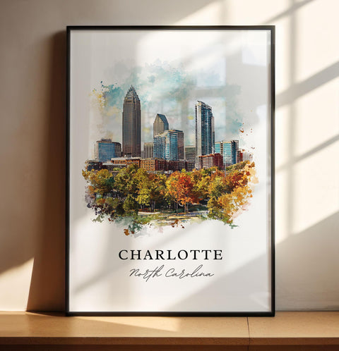 Charlotte NC Wall Art, Charlotte Print, Charlotte Watercolor Art, Charlotte Cityscae Gift, Travel Print, Travel Poster, Housewarming Gift