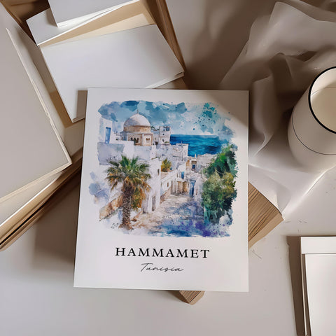 Hammamet Wall Art, Hammamet Print, Cape Bon Tunisia Watercolor Art, Nabeul Tunisia Gift, Travel Print, Travel Poster, Housewarming Gift