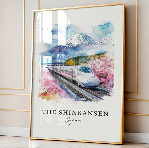 Shinkansen Japan Art, Shinkansen Print, Mount Fuji Watercolor Art, Bullet Train Japan Gift, Travel Print, Travel Poster, Housewarming Gift