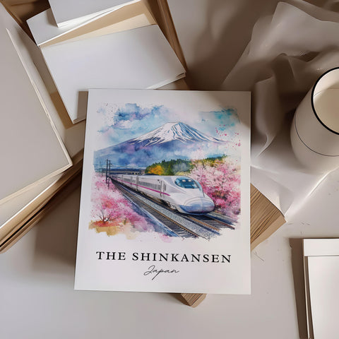 Shinkansen Japan Art, Shinkansen Print, Mount Fuji Watercolor Art, Bullet Train Japan Gift, Travel Print, Travel Poster, Housewarming Gift