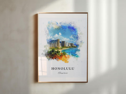 Honolulu Wall Art, Honolulu Skyline Print, Honolulu HI Watercolor Art, Honolulu Hawaii Gift, Travel Print, Travel Poster, Housewarming Gift