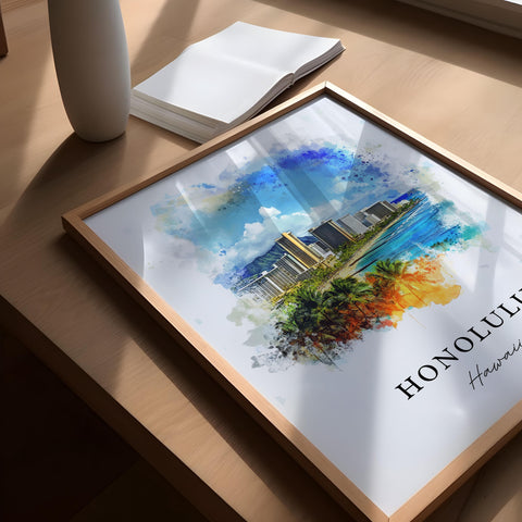 Honolulu Wall Art, Honolulu Skyline Print, Honolulu HI Watercolor Art, Honolulu Hawaii Gift, Travel Print, Travel Poster, Housewarming Gift