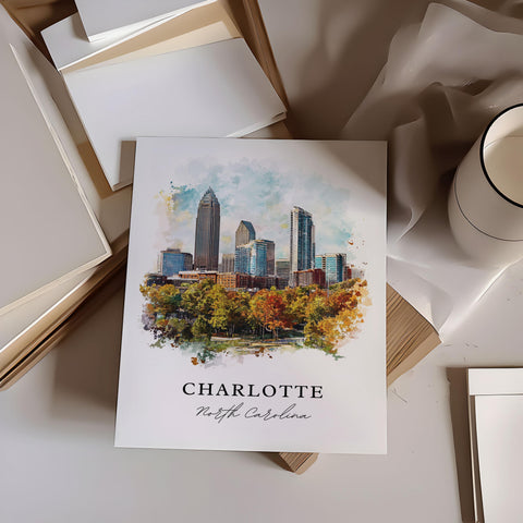 Charlotte NC Wall Art, Charlotte Print, Charlotte Watercolor Art, Charlotte Cityscae Gift, Travel Print, Travel Poster, Housewarming Gift