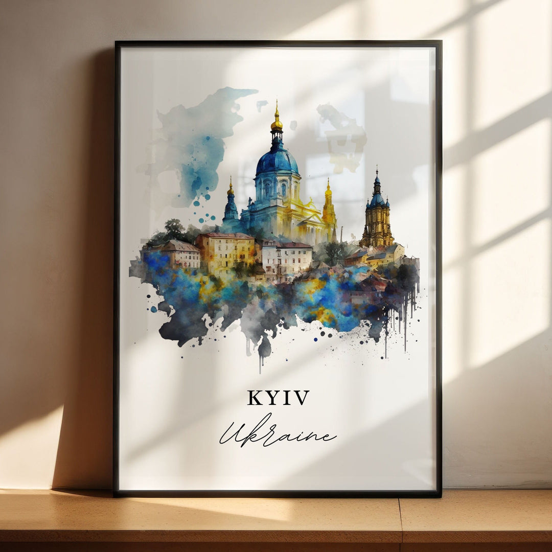 Watercolor travel art print of Kyiv, Ukraine featuring historic gold-domed Orthodox cathedrals towering over city buildings in a striking blue and gold watercolor splash design, displayed in a black frame with window shadow lighting.