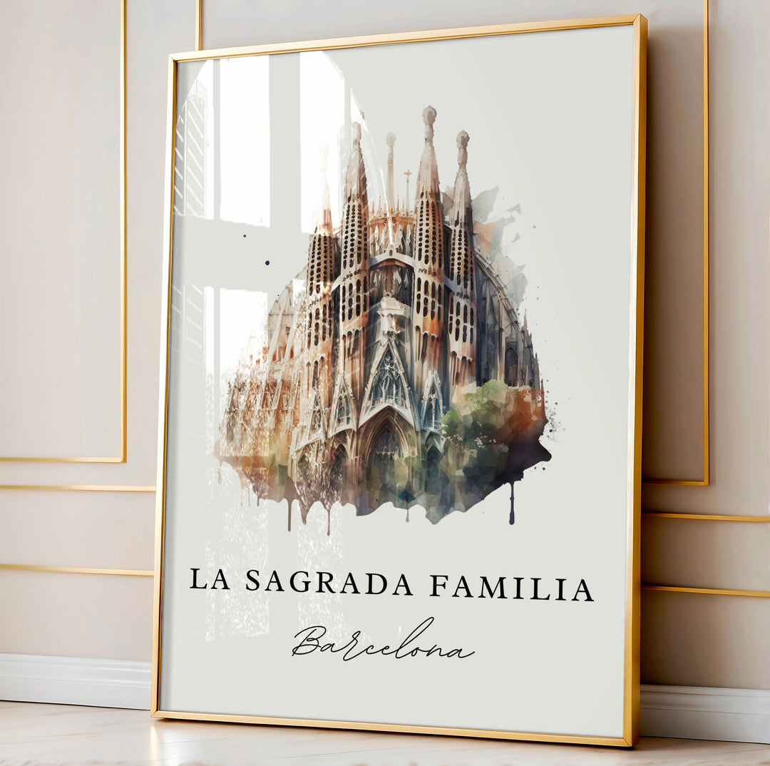 Watercolor travel art print of La Sagrada Familia basilica in Barcelona, Spain featuring Antoni Gaudi's iconic towering cathedral spires and detailed architectural facade, displayed in a gold metal frame.