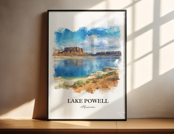 Watercolor travel art print of Lake Powell, Arizona featuring dramatic red rock desert mesas reflecting in calm blue waters, displayed in a black vertical frame.