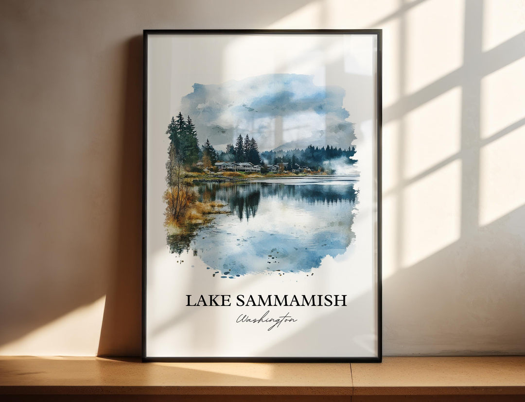 Watercolor travel art print of Lake Sammamish, Washington featuring misty evergreen pine trees, waterfront homes, and a dramatic sky reflecting on the calm lake water, displayed in a black frame with window shadow lighting.