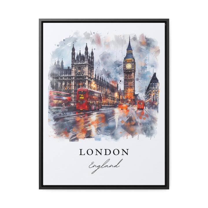 Watercolor art print of the London skyline featuring Big Ben, the Houses of Parliament, and red double-decker buses on a rainy street, displayed in a black frame
