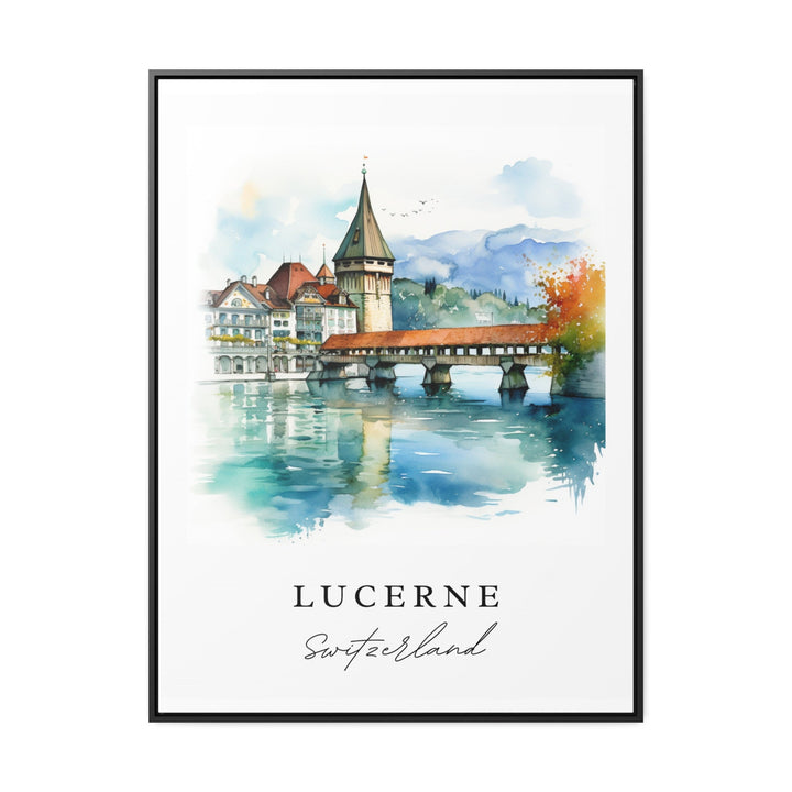 Watercolor travel art print of Lucerne, Switzerland featuring the historic wooden Chapel Bridge and stone Water Tower over the Reuss River with old town buildings and the Swiss Alps in the background, displayed in a black frame.
