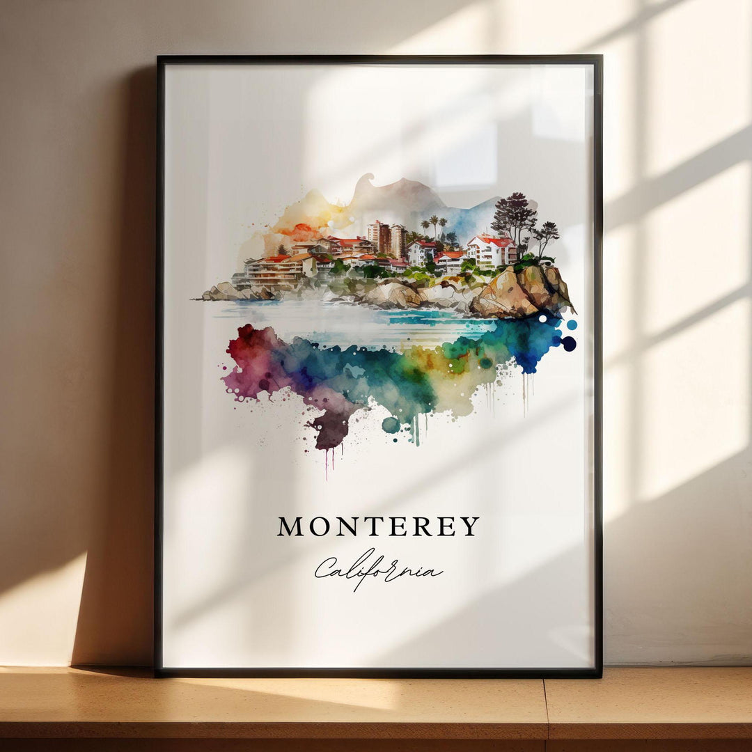 Vibrant watercolor travel art print of Monterey, California featuring coastal buildings, palm trees, and rocky cliffs blending into a colorful rainbow abstract paint splash, displayed in a black frame with window shadow lighting