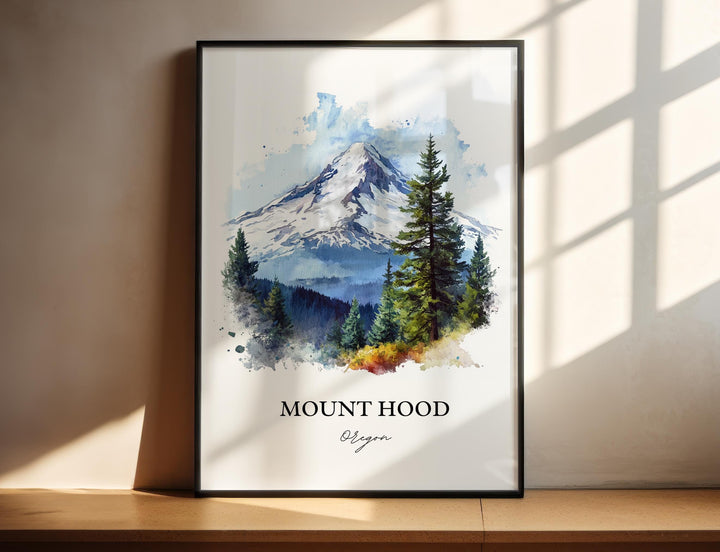 Watercolor travel art print of Mount Hood, Oregon featuring the majestic snow-capped mountain peak rising behind a green evergreen pine forest, displayed in a black vertical frame with window shadow lighting.